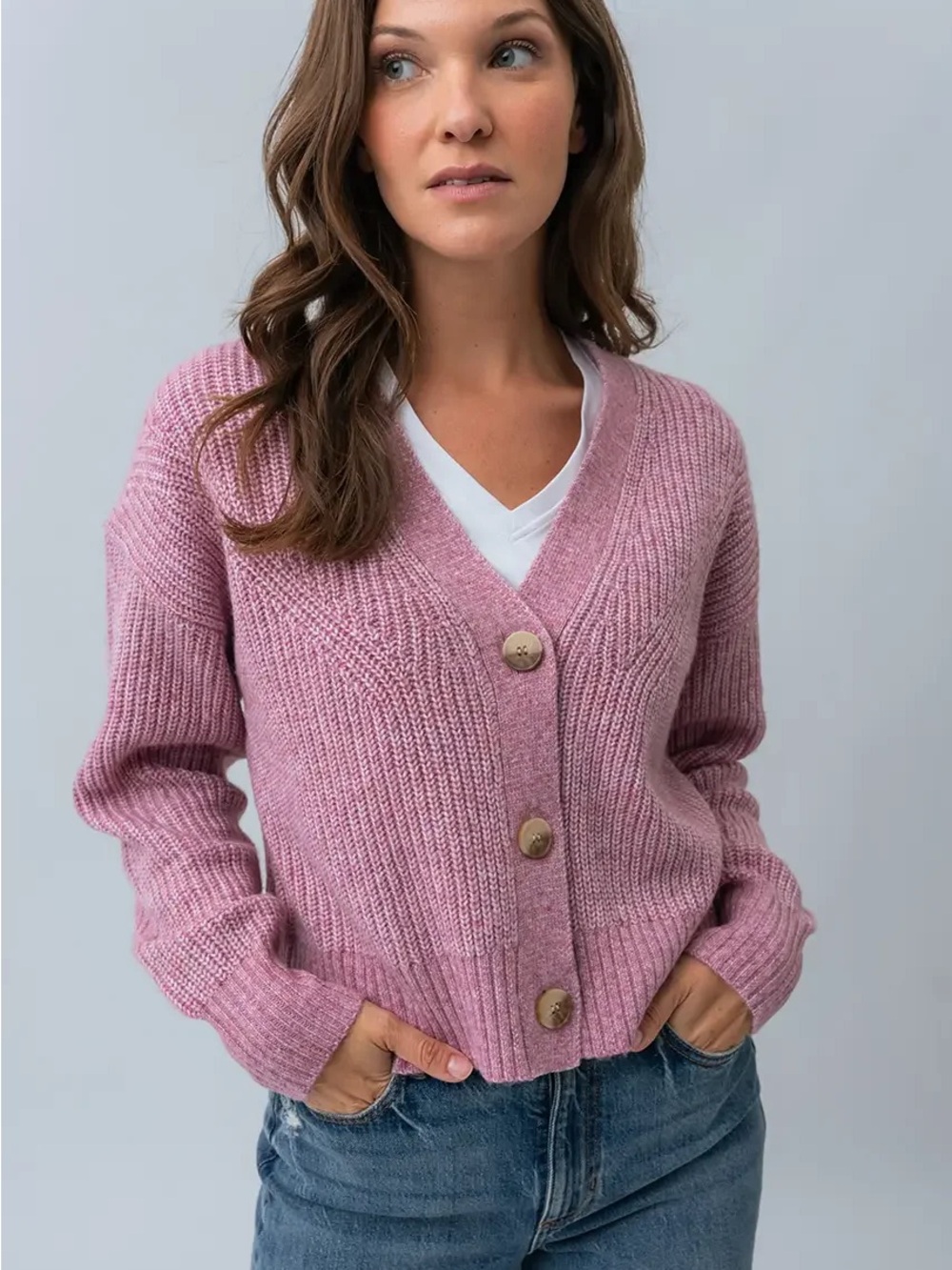 Dynamite Pink Ribbed V-Neck Button Cardigan